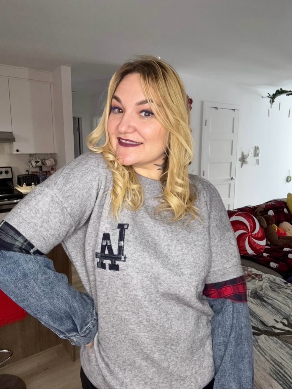 Gray LA Patch Pullover with Layered Plaid & Denim Sleeves